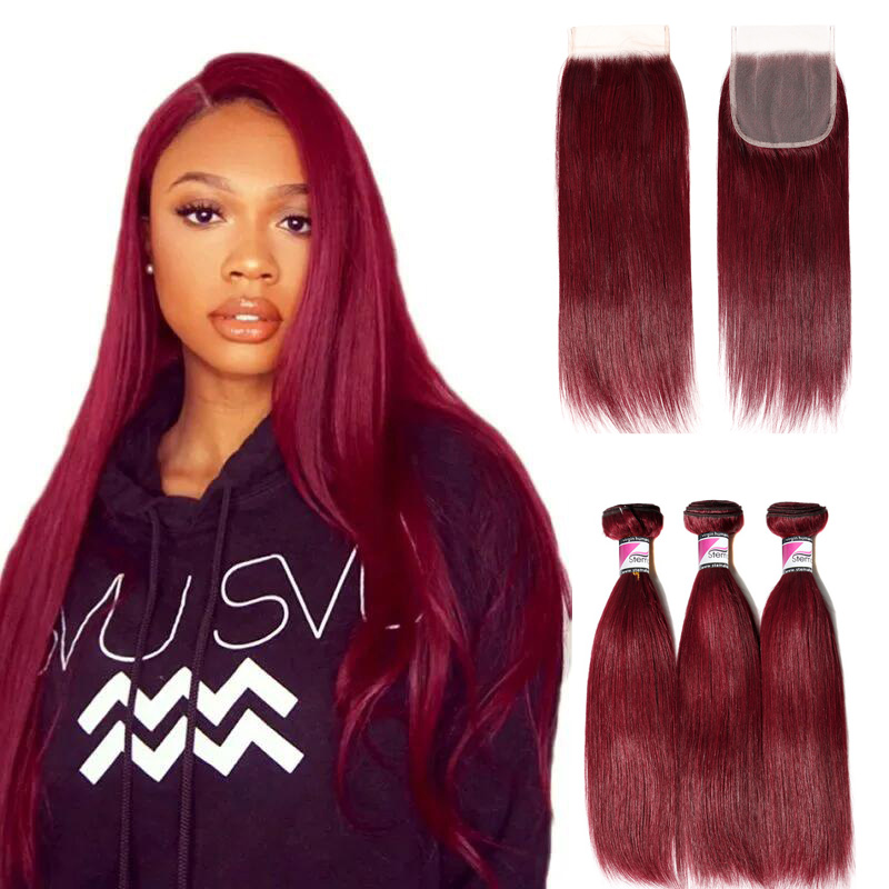 #99j Red Virgin Hair Straight Bundles With 4x4 Transparent Lace Closure